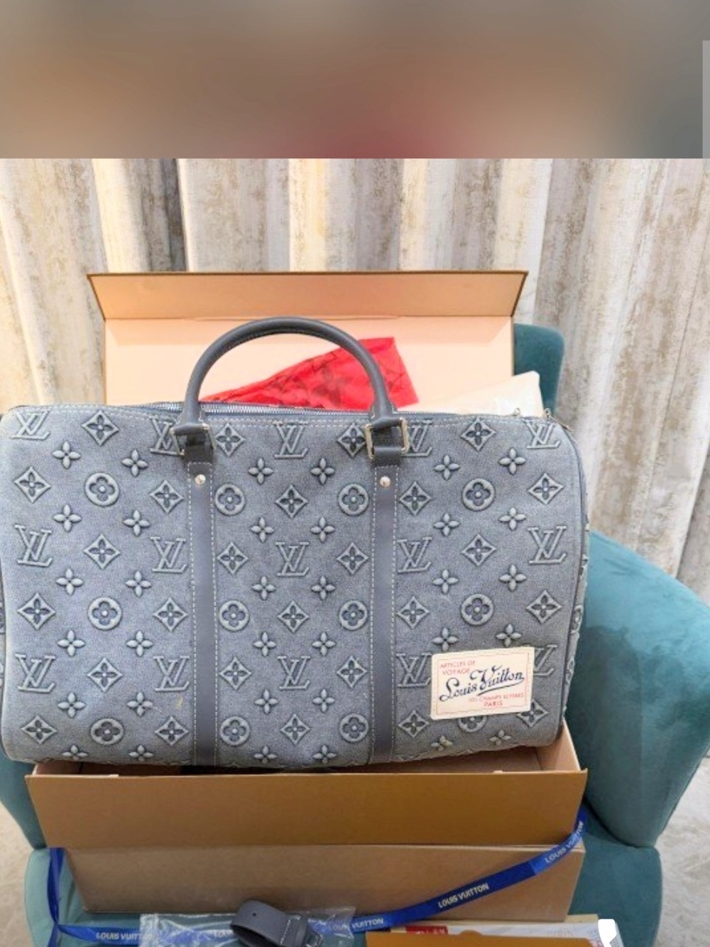 Louis Vuitton Gray Denim Keepall 50 Duffle Bag NEW